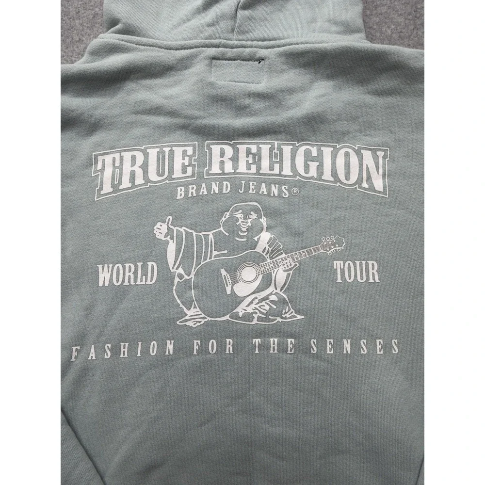 True Religion Hoodie Mens XL Green Fleece Pullover Back Graphic Logo World Tour